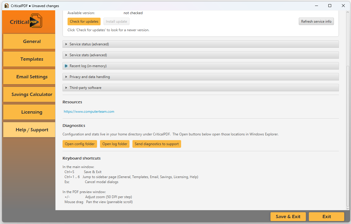 Diagnostics section with config / log / send buttons and keyboard shortcuts