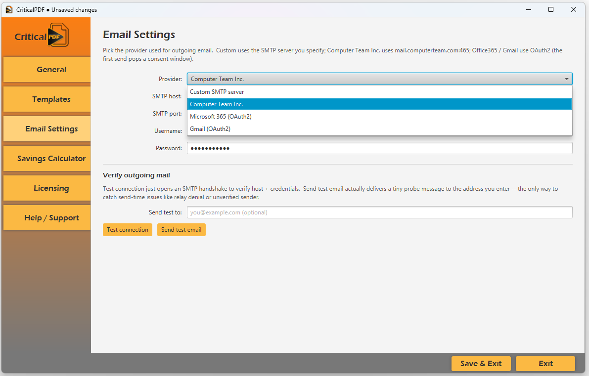 Email Settings with the Provider dropdown open