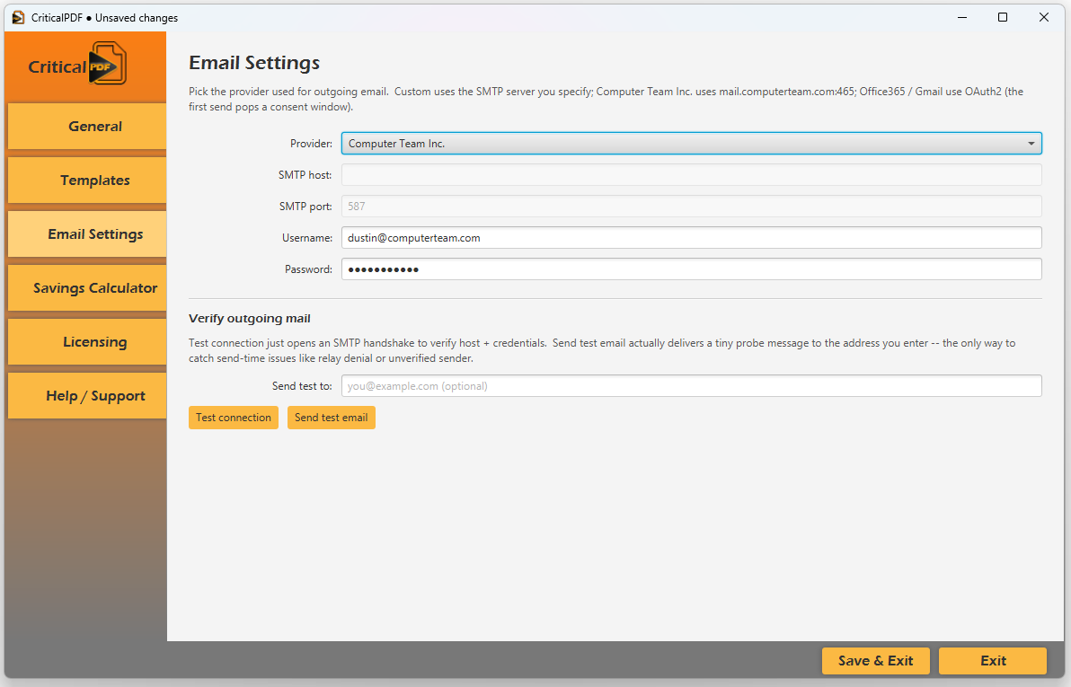 Email Settings configured for Custom SMTP