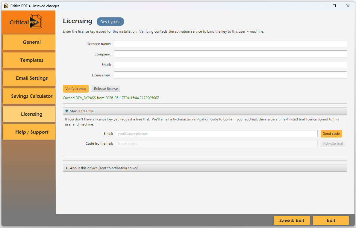 Licensing settings page