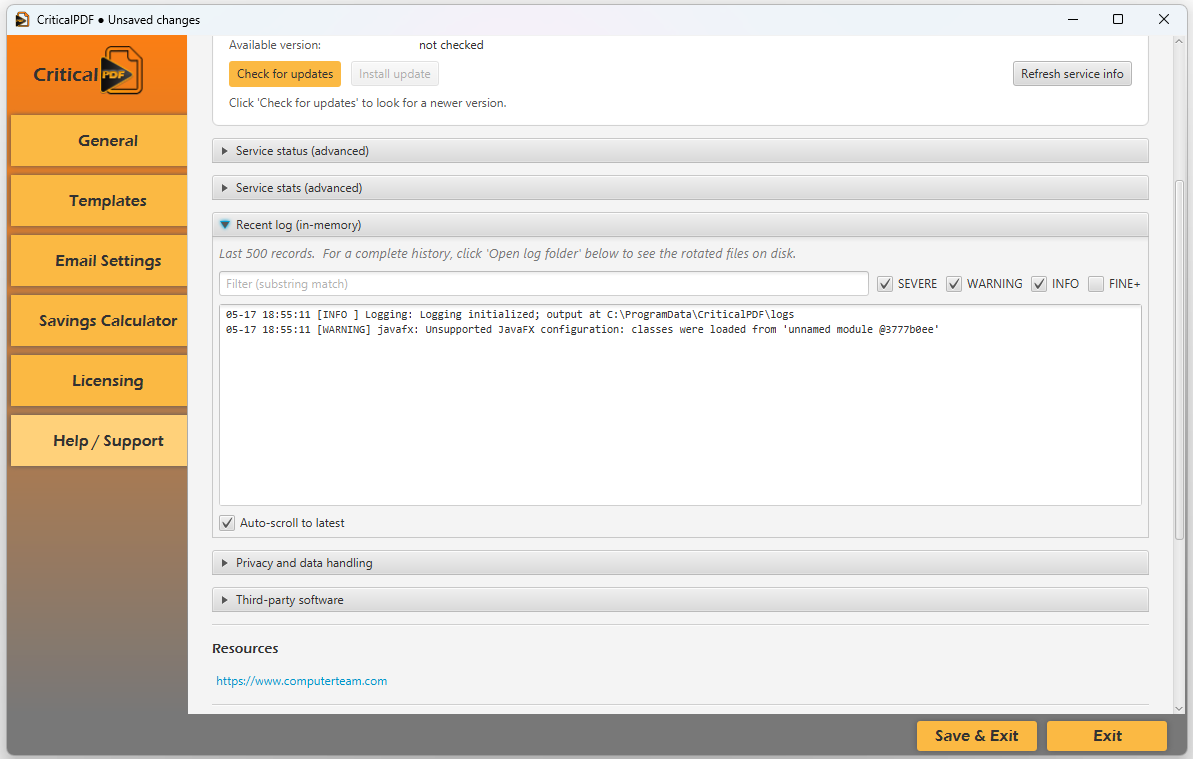 Log viewer with substring filter and severity checkboxes