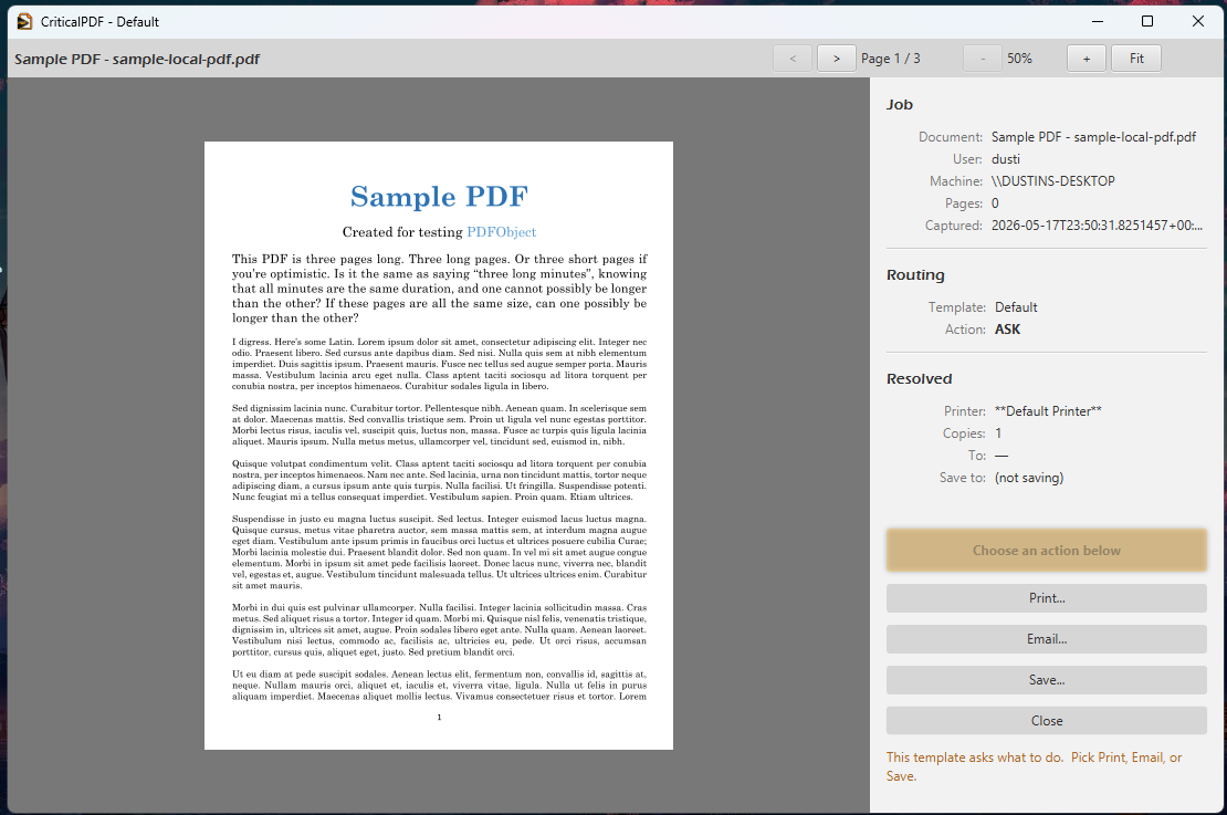 CriticalPDF per-capture review window showing Job, Routing, and Resolved panels with action buttons