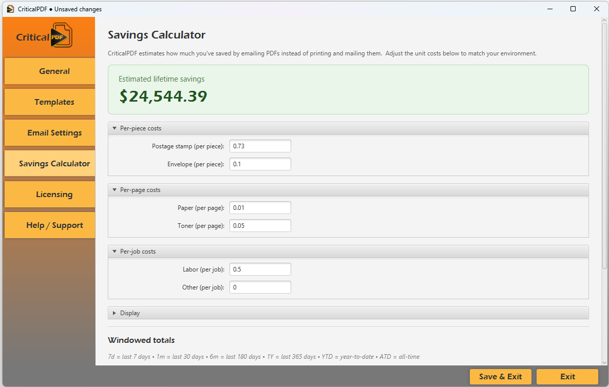 Savings Calculator settings page