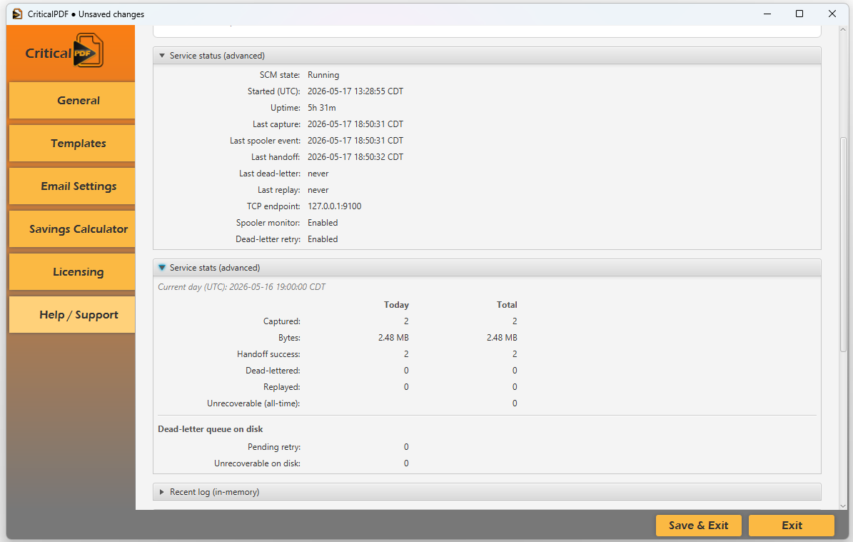 Service status panel showing SCM state, uptime, last capture, TCP endpoint