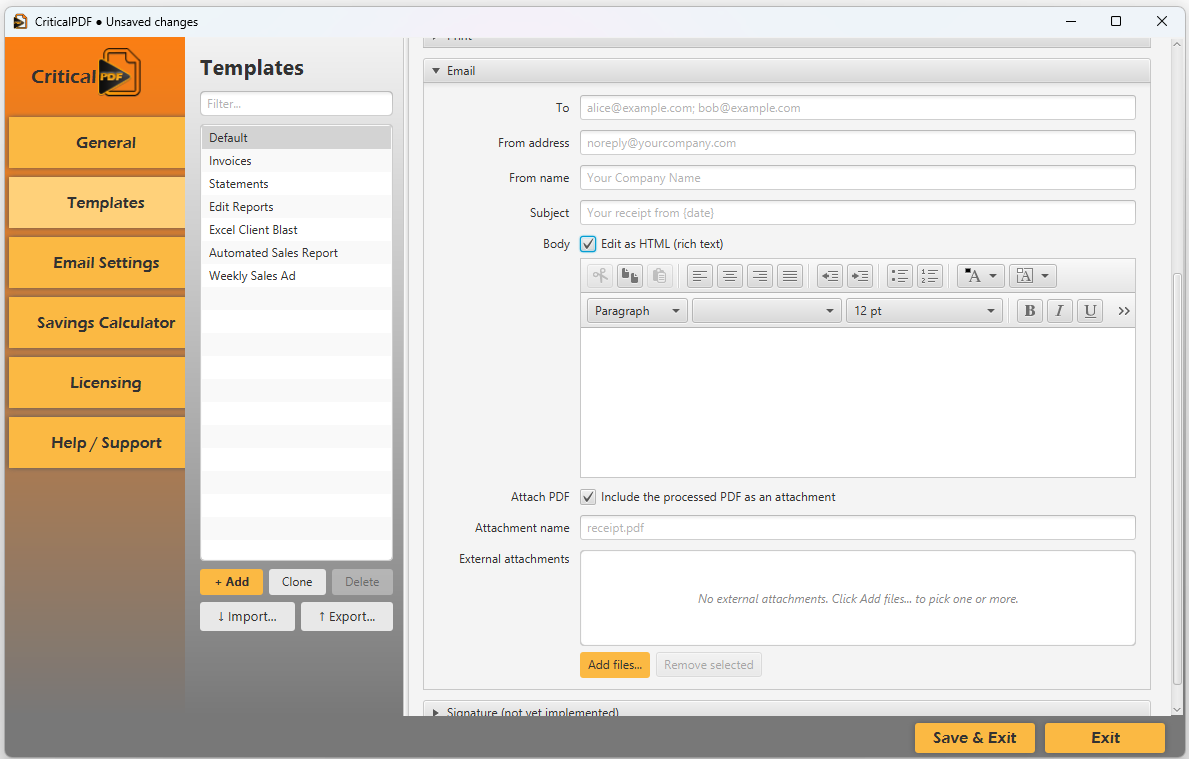 Template editor — Email section