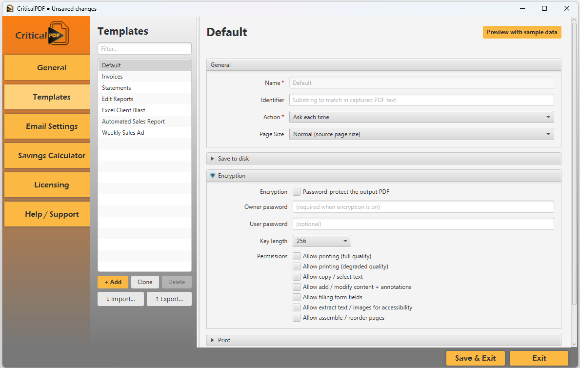 Templates settings page with the Encryption section expanded