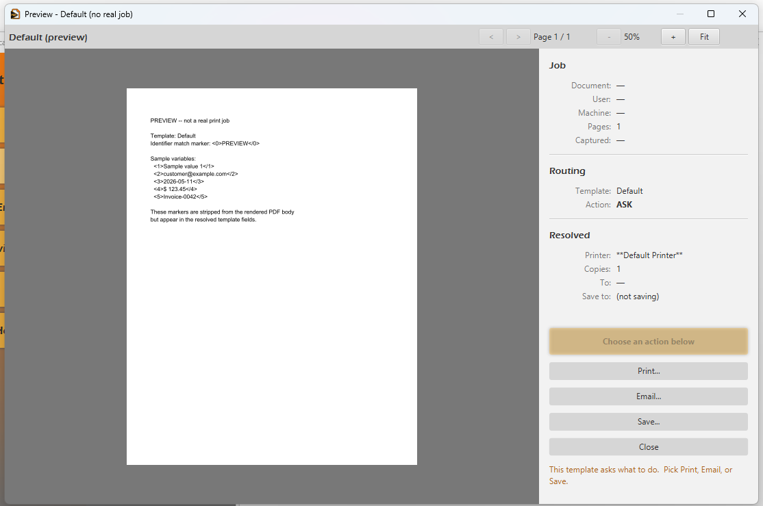 Template preview window showing variable markers