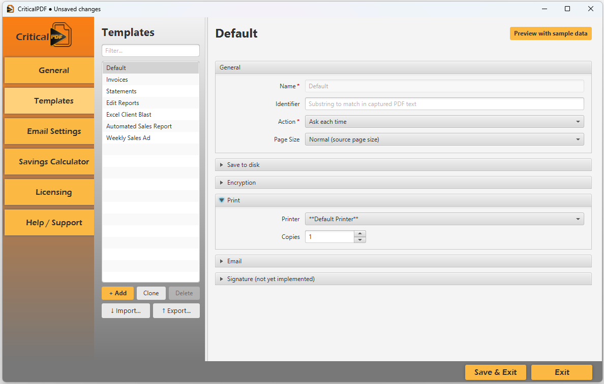 Template editor — Print section