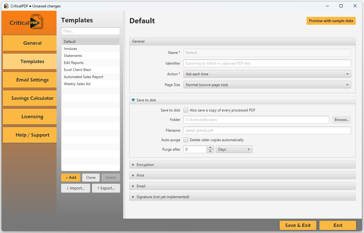 Template editor — Save to disk section