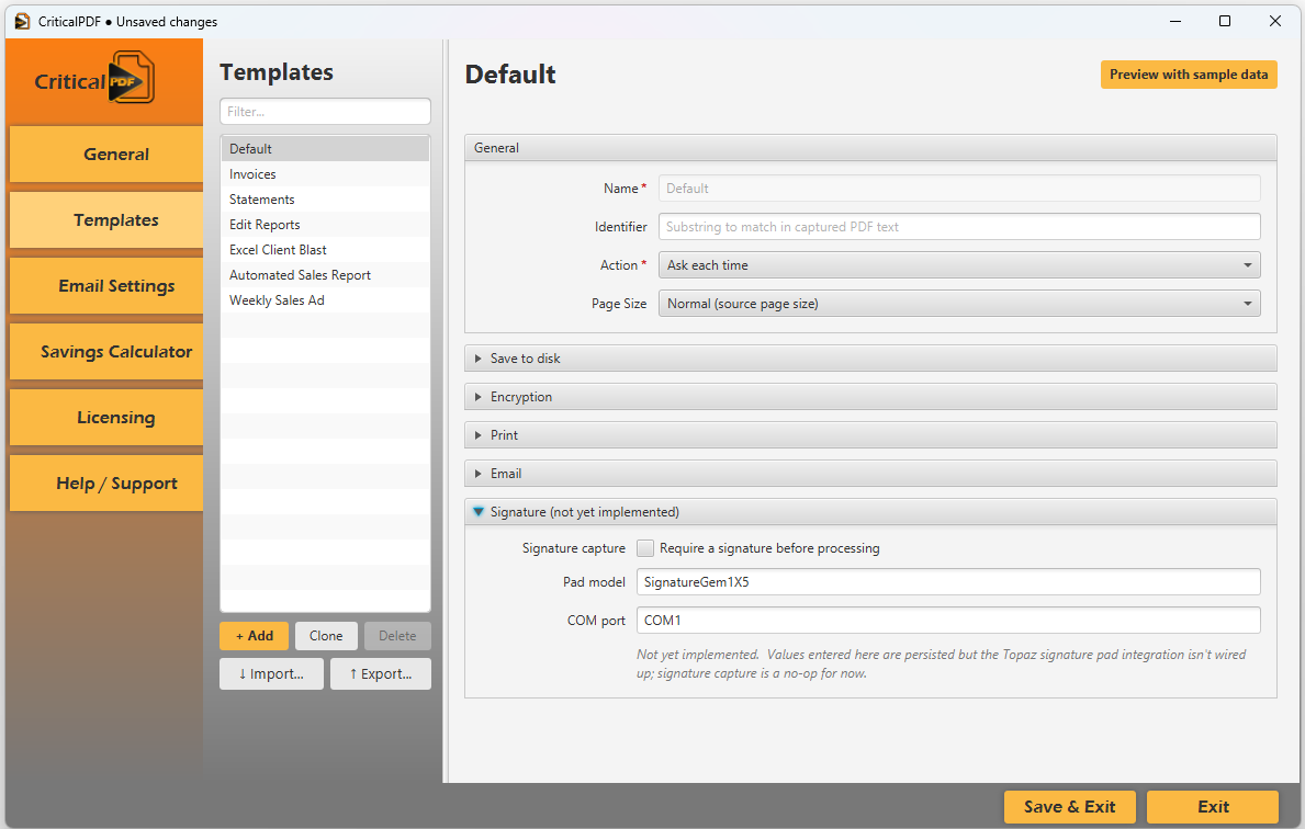 Template editor — Signature section, not yet implemented